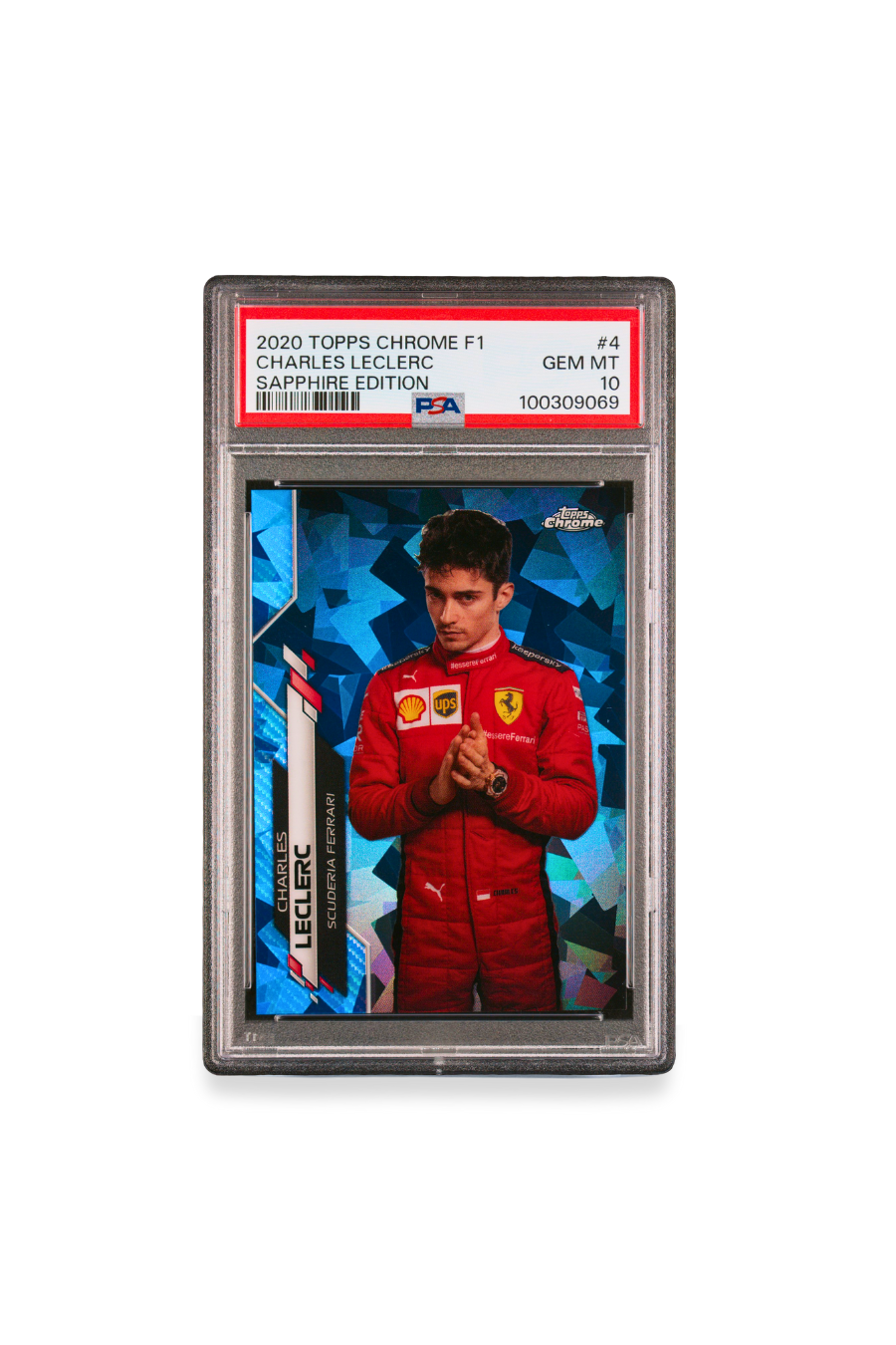Front of 2020 Topps Chrome F1 Charles Leclerc Sapphire Edition card #4 graded PSA 10