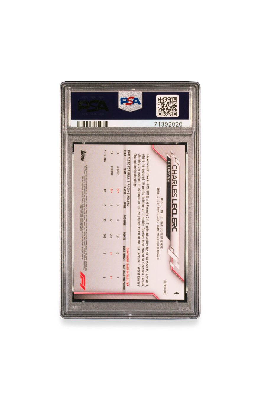 Back of 2020 Topps Chrome F1 Charles Leclerc Refractor card #4 graded PSA 10