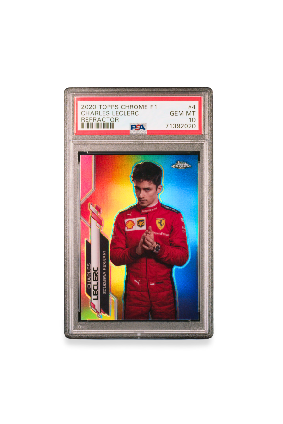 Front of 2020 Topps Chrome F1 Charles Leclerc Refractor card #4 graded PSA 10
