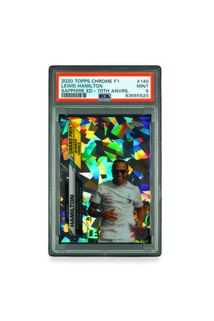 Front of 2020 Topps Chrome F1 Lewis Hamilton Sapphire Edition 70th Anniversary card #140 graded PSA 9