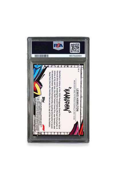 Back of 2020 Topps Chrome F1 Lewis Hamilton Track Tags insert card #1 graded PSA 10 featuring Portuguese GP victory details