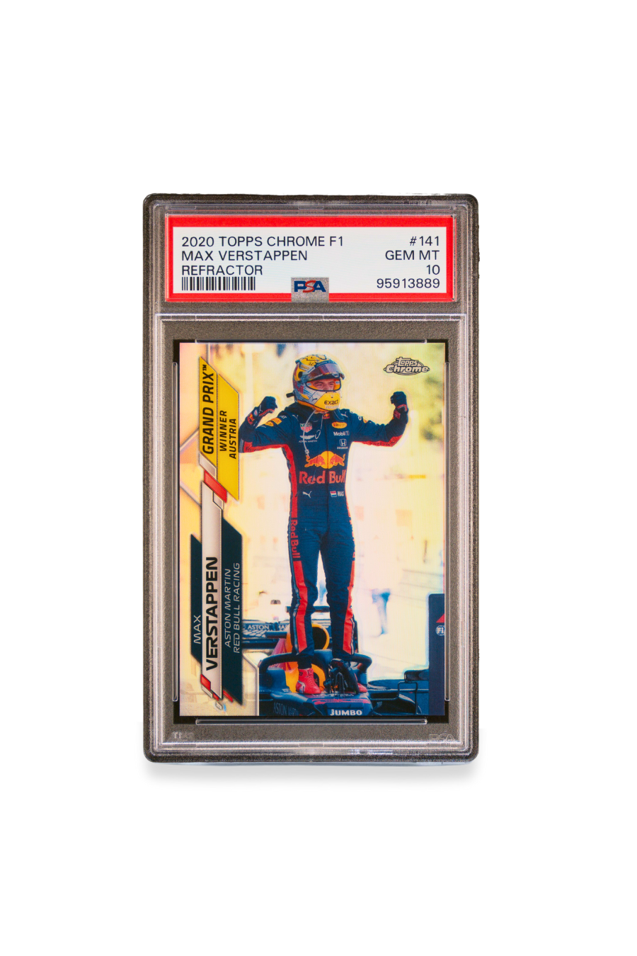 Front of 2020 Topps Chrome F1 Max Verstappen Refractor card #141 graded PSA 10