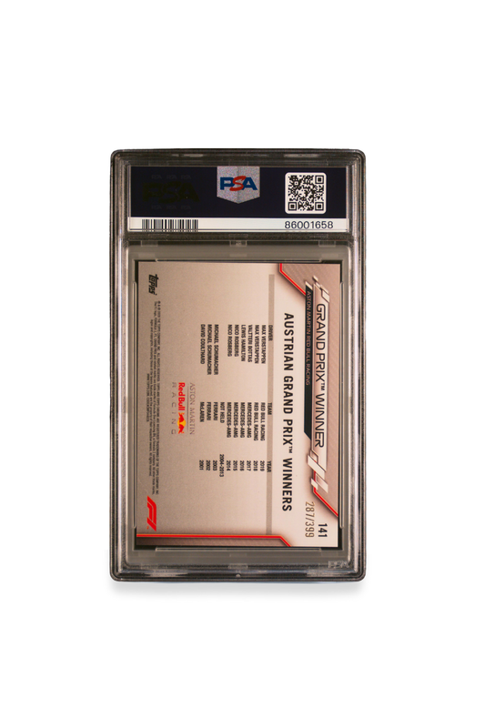 Back of 2020 Topps Chrome F1 Max Verstappen Purple Refractor card #141 graded PSA 10, serial numbered 287/399