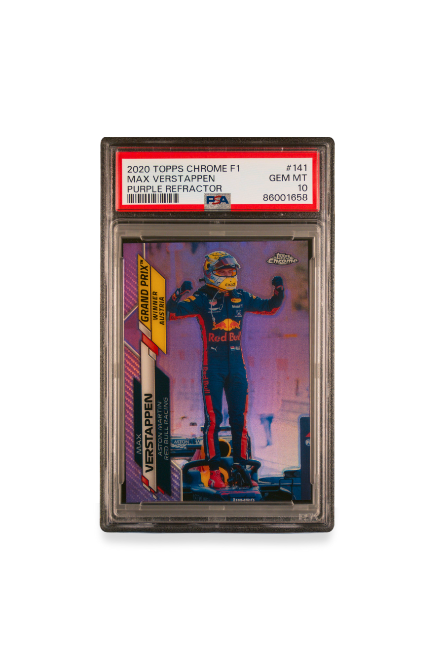 Front of 2020 Topps Chrome F1 Max Verstappen Purple Refractor card #141 graded PSA 10