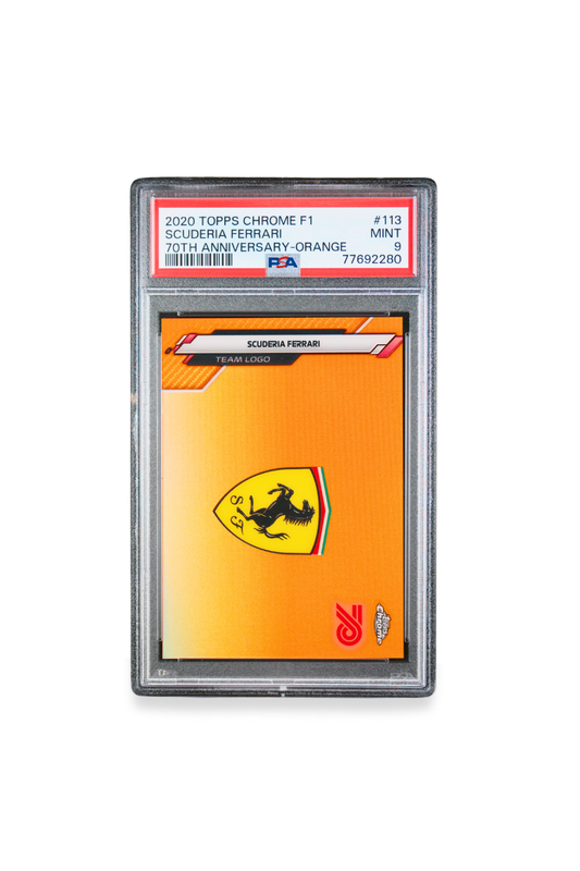 Front of 2020 Topps Chrome F1 Scuderia Ferrari 70th Anniversary Orange team logo card #113 graded PSA 9