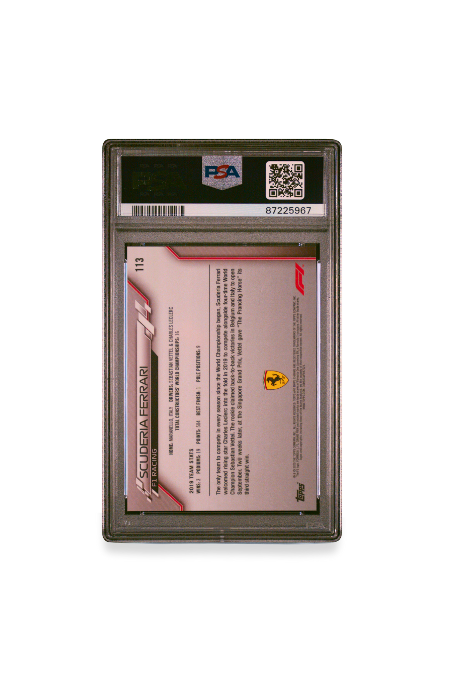 Back of 2020 Topps Chrome F1 Scuderia Ferrari Sapphire Edition Team Logo card #113 graded PSA 10