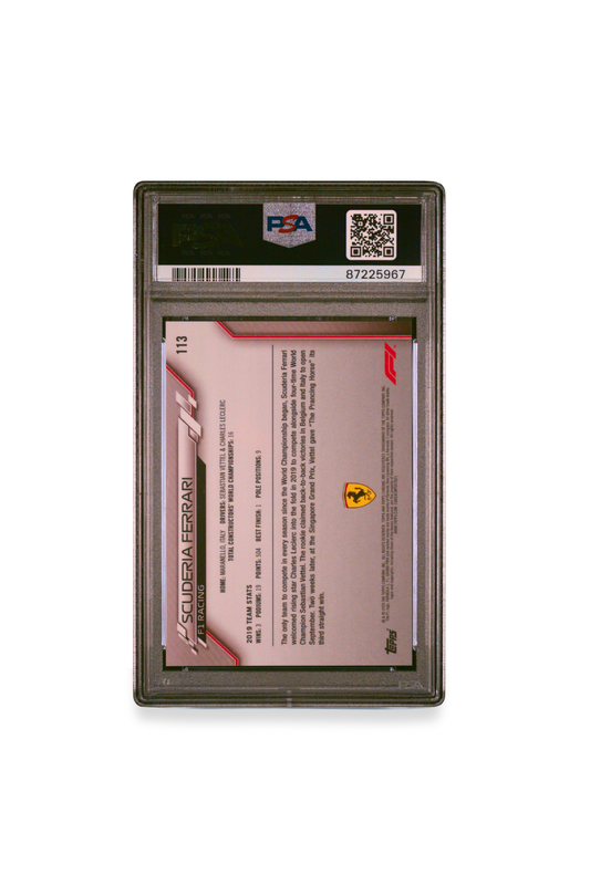 Back of 2020 Topps Chrome F1 Scuderia Ferrari Sapphire Edition Team Logo card #113 graded PSA 10