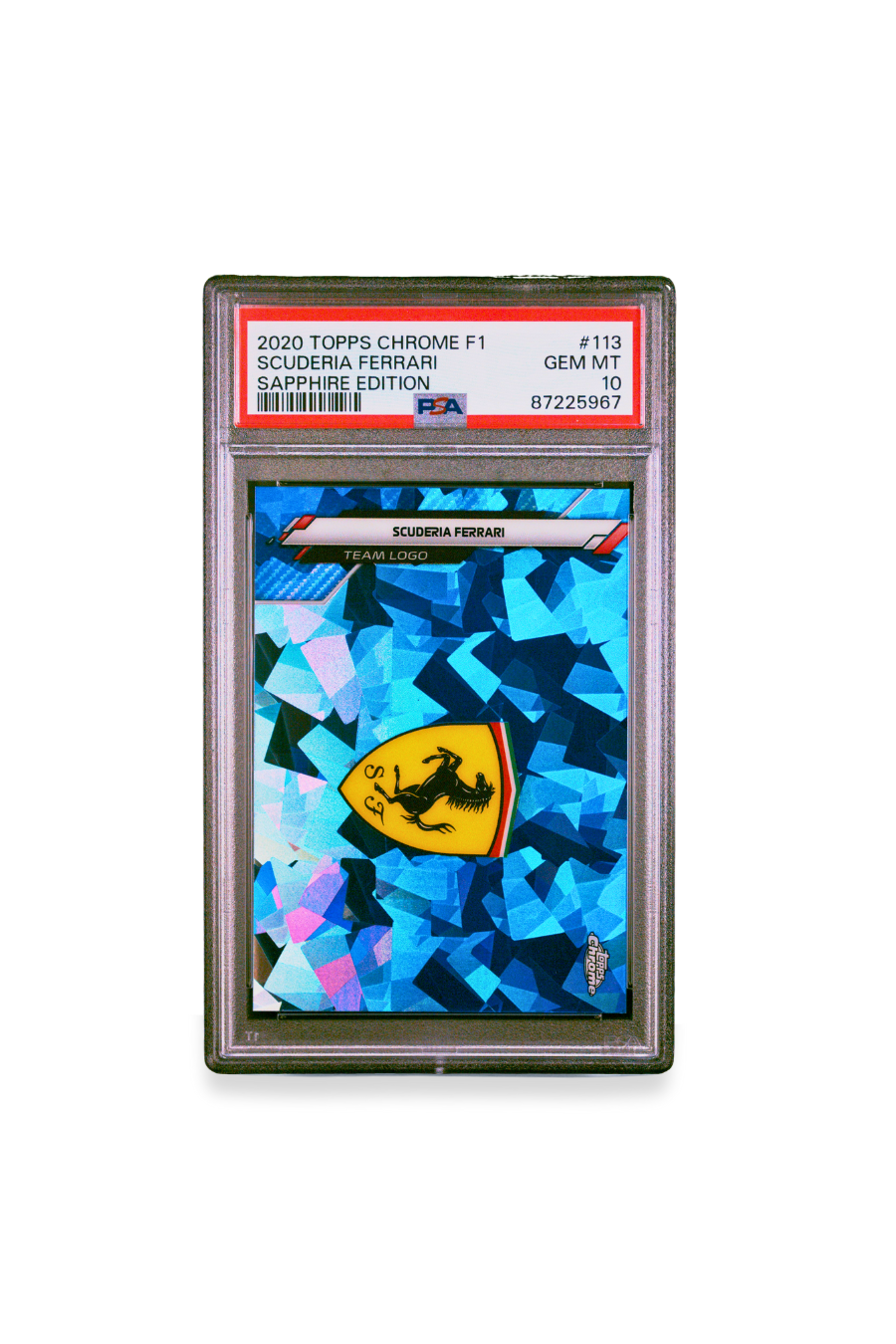 Front of 2020 Topps Chrome F1 Scuderia Ferrari Sapphire Edition Team Logo card #113 graded PSA 10