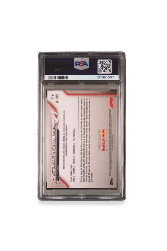 Back of 2020 Topps Chrome F1 Aston Martin Red Bull Racing Sapphire Aqua Team Logo card #114 graded PSA 9, serial numbered 81/99
