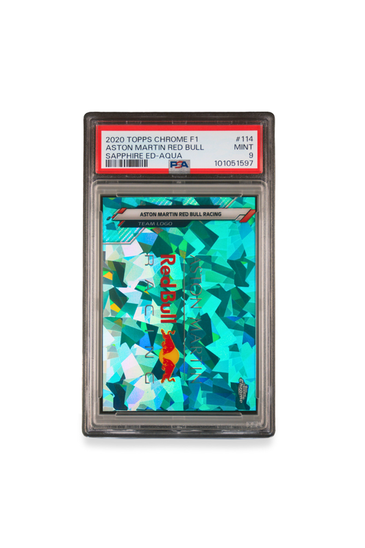 Front of 2020 Topps Chrome F1 Aston Martin Red Bull Racing Sapphire Aqua Team Logo card #114 graded PSA 9