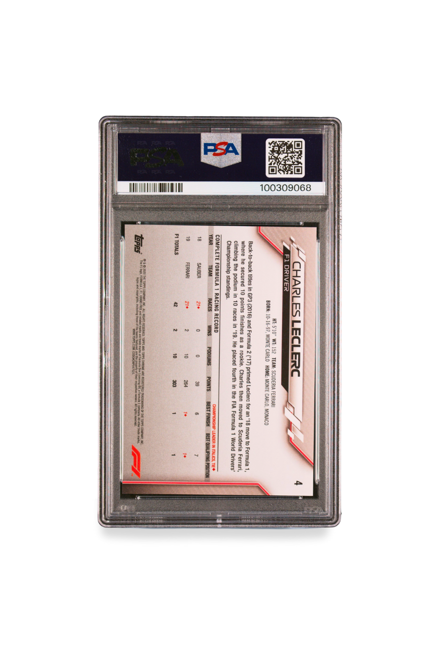 2020 Topps Chrome F1 Charles Leclerc Sapphire Edition back of PSA 10 card showing stats and biography