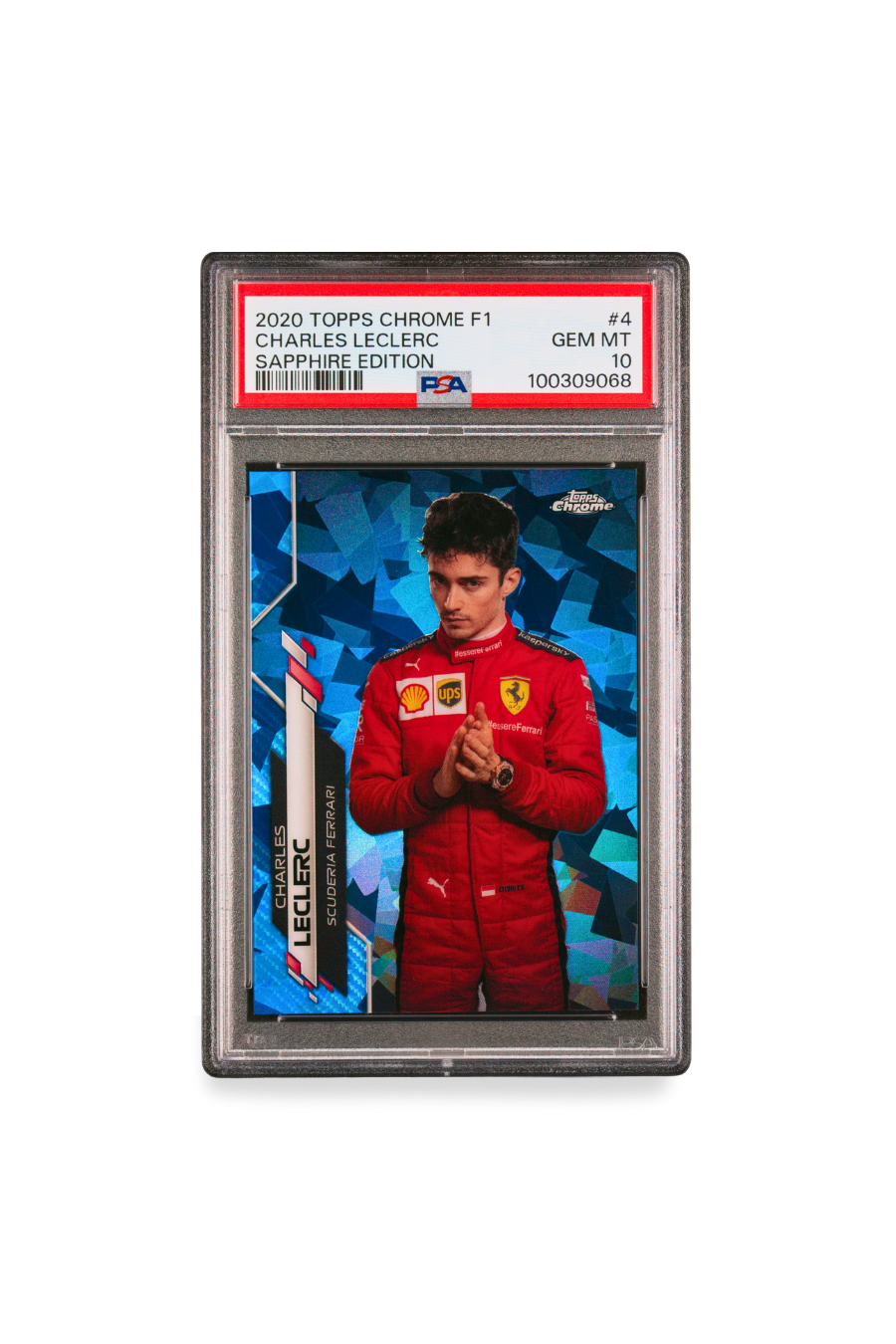 2020 Topps Chrome F1 Charles Leclerc Sapphire Edition front of PSA 10 graded card featuring Leclerc in Ferrari suit