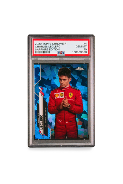 2020 Topps Chrome F1 Charles Leclerc Sapphire Edition front of PSA 10 graded card featuring Leclerc in Ferrari suit