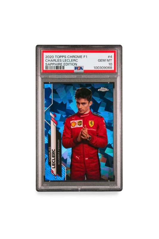 2020 Topps Chrome F1 Charles Leclerc Sapphire Edition front of PSA 10 graded card featuring Leclerc in Ferrari suit