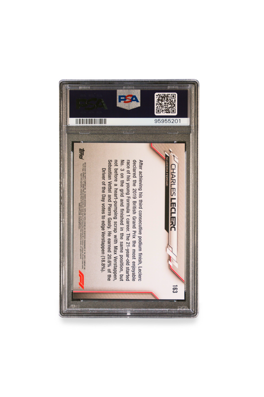 2020 Topps Chrome F1 Sapphire Edition Charles Leclerc card back with British GP 2019 summary and driver stats