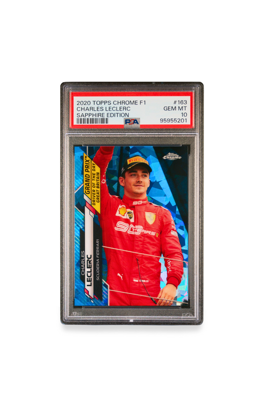 2020 Topps Chrome F1 Sapphire Edition Charles Leclerc card, PSA 10 GEM MT, Driver of the Day, Great Britain.