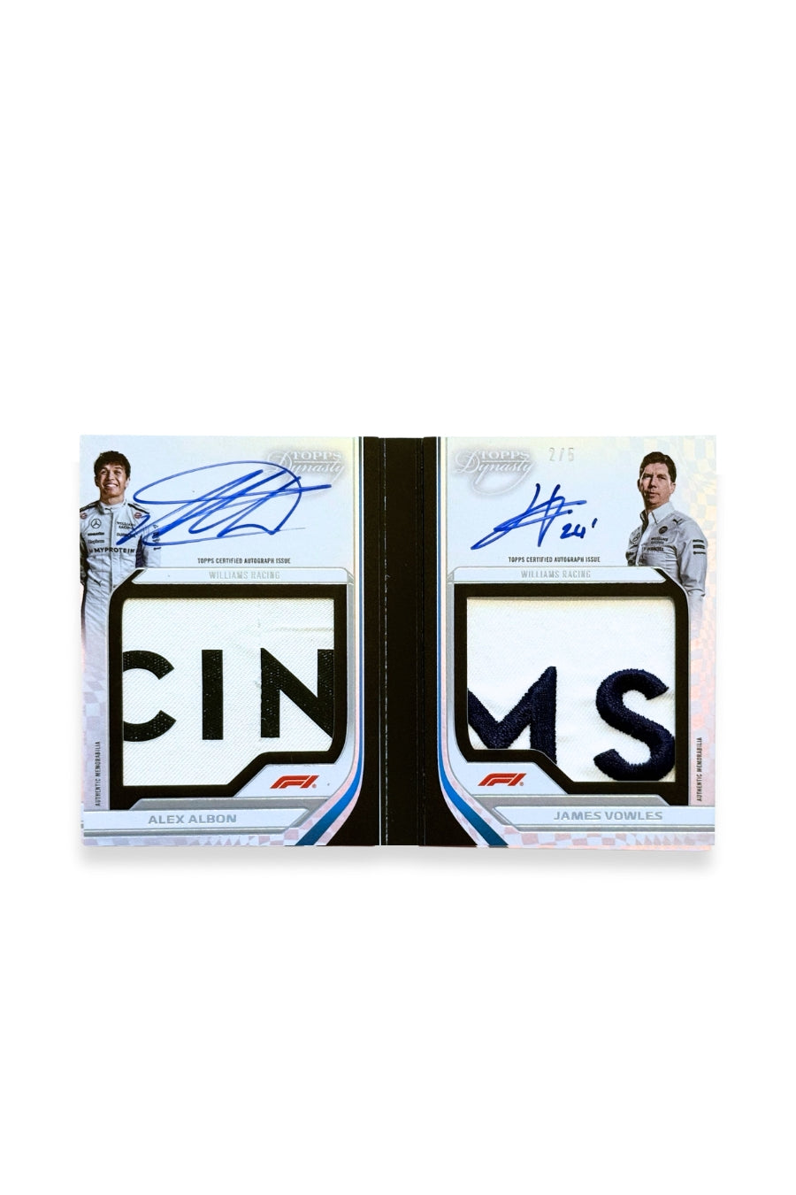 Front of 2024 Topps Dynasty Alex Albon and James Vowles dual booklet patch autograph F1 card, serial numbered 2 of 5, showing black and white letter patch for Albon and navy and white letter patch for Vowles.