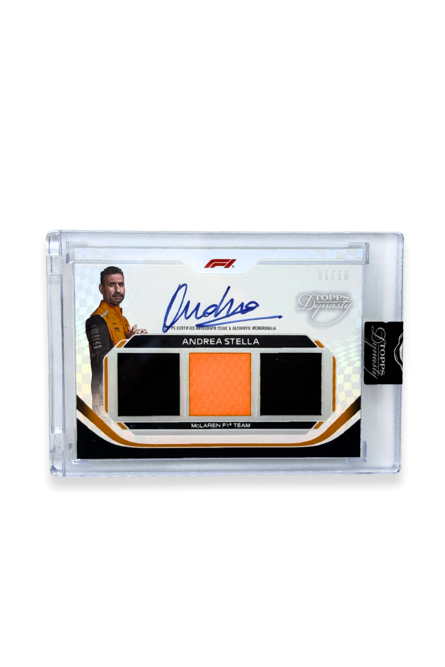 Front of 2024 Topps Dynasty Andrea Stella triple patch autograph card, serial numbered 1 of 10, showing papaya and black memorabilia patches.