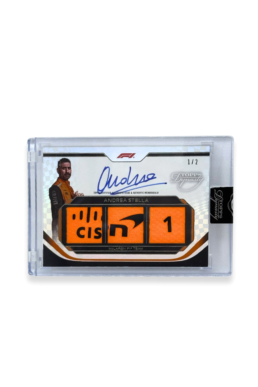 Front of 2024 Topps Dynasty Andrea Stella triple patch autograph card, serial numbered 1 of 2, featuring orange authentic memorabilia patches with black McLaren logos.