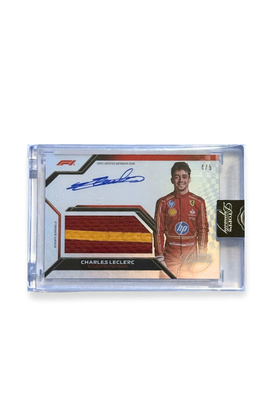 Front of 2024 Topps Dynasty Charles Leclerc glove patch autograph F1 card, serial numbered 4 of 5, with red and yellow glove material from the Scuderia Ferrari team.