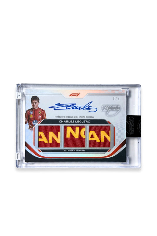 Front of 2024 Topps Dynasty Charles Leclerc triple patch autograph card, serial numbered 5 of 5, with red and yellow Ferrari authentic memorabilia patch.