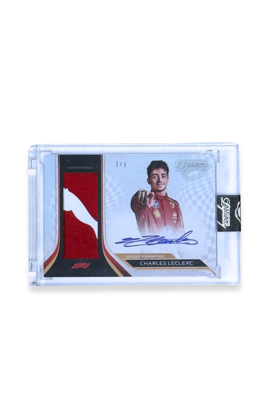 Front of 2024 Topps Dynasty Charles Leclerc patch autograph card, 1 of 1, with red Puma memorabilia patch and Leclerc’s signature.