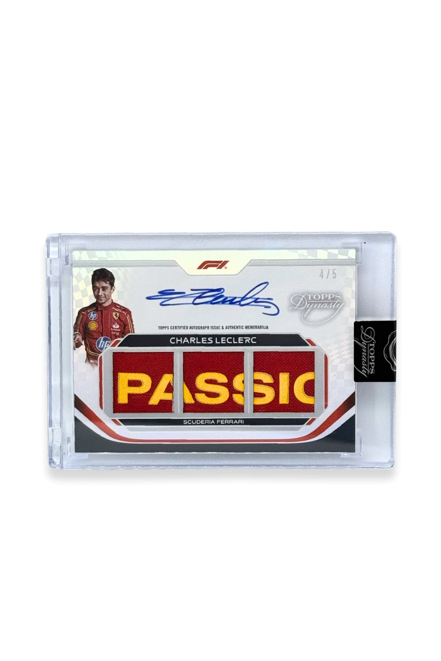 Front of 2024 Topps Dynasty Charles Leclerc triple patch autograph card, serial numbered 4 of 5, featuring a red authentic memorabilia patch with yellow lettering spelling “PASSION” from Scuderia Ferrari.