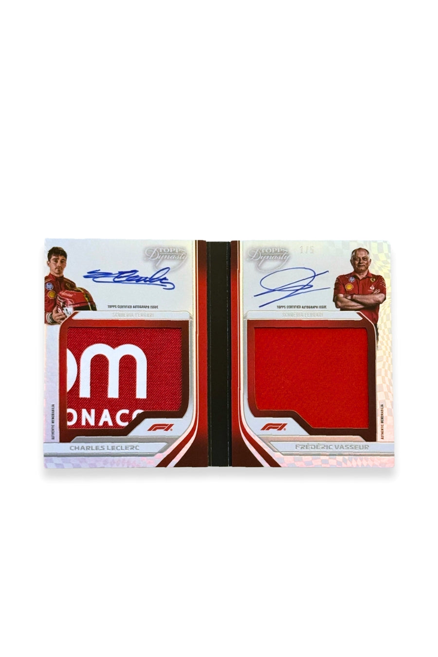 Front of 2024 Topps Dynasty Charles Leclerc and Frédéric Vasseur dual booklet patch autograph card, serial numbered 1 of 5, showing red patch with white lettering for Leclerc and solid red patch for Vasseur.