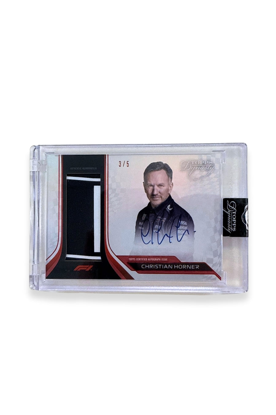 Front of 2024 Topps Dynasty Christian Horner patch autograph F1 card, serial numbered 3 of 5, showing single-color black race-worn patch.