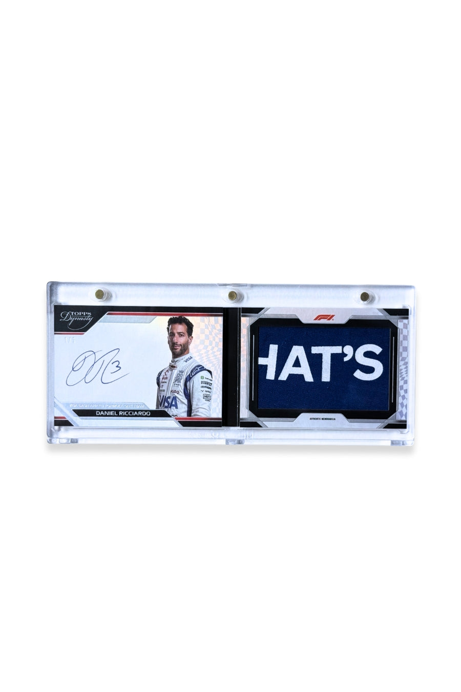 2024 Topps Dynasty Daniel Ricciardo booklet card with autograph and jumbo “HAT’S” patch, serial numbered 1/5, Visa Cash App RB F1 Team colors.