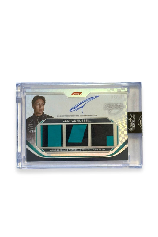 Front of 2024 Topps Dynasty George Russell triple patch autograph card, serial numbered 2 of 10, showing teal and black memorabilia patches.