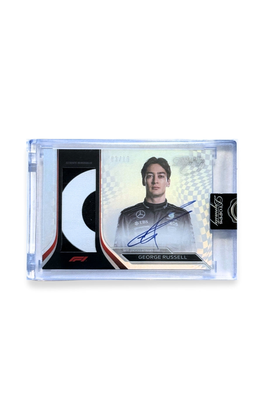 Front of 2024 Topps Dynasty George Russell patch autograph F1 card, serial numbered 3 of 10, showing black and white memorabilia patch.