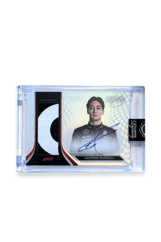 Front of 2024 Topps Dynasty George Russell patch autograph F1 card, serial numbered 3 of 10, showing black and white memorabilia patch.
