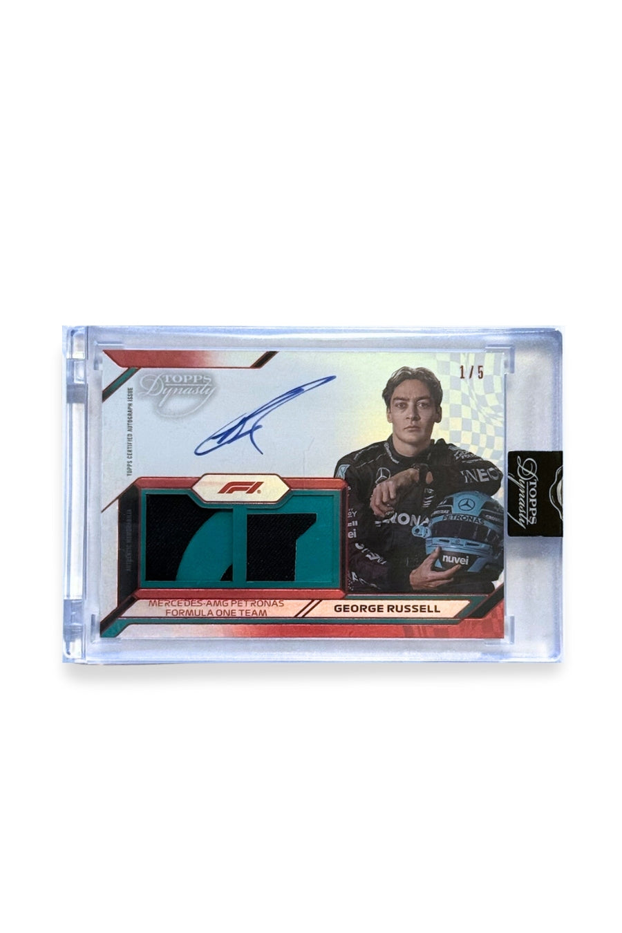Front of 2024 Topps Dynasty George Russell double patch autograph Formula 1 card, serial numbered 1 of 5, featuring black and teal memorabilia patches for the Mercedes Petronas team.