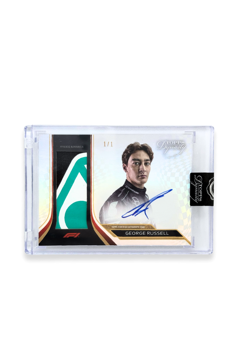 Front of 2024 Topps Dynasty George Russell Petronas logo patch autograph card, serial numbered 1 of 1, showing green and white memorabilia patch.