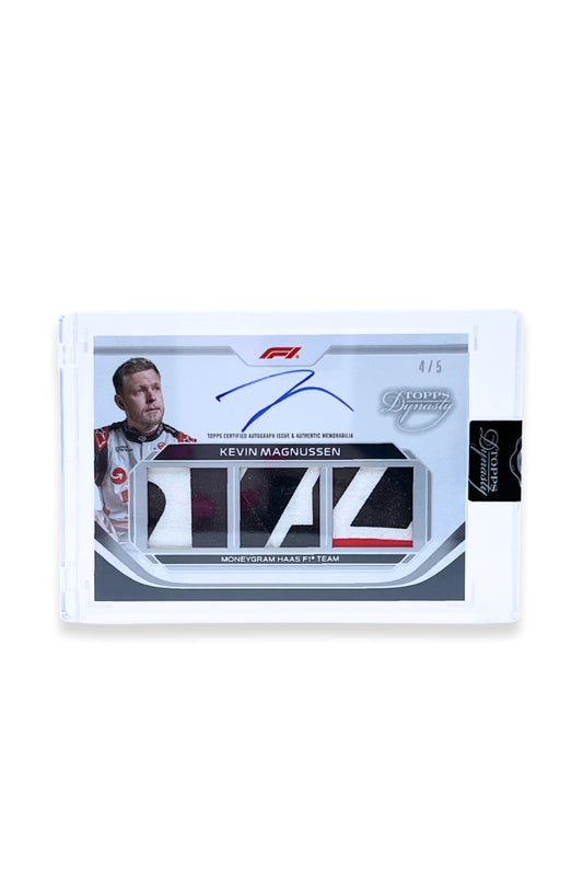 Front of 2024 Topps Dynasty Kevin Magnussen triple patch autograph card, serial numbered 4 of 5, featuring white, black, and red authentic memorabilia patches from MoneyGram Haas F1 Team.