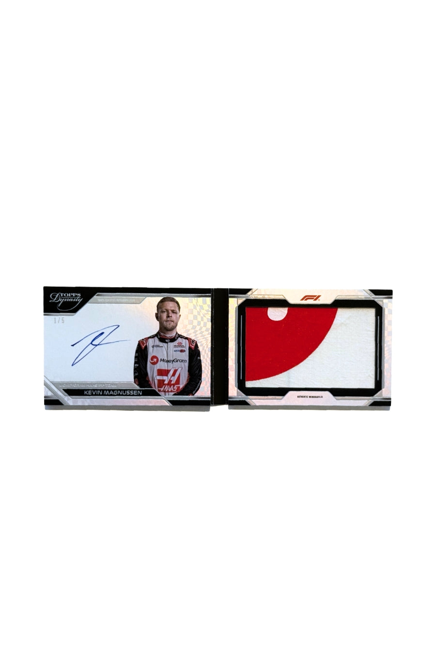 Front of 2024 Topps Dynasty Kevin Magnussen booklet patch autograph card, serial numbered 1 of 5, showing large red and white memorabilia patch.