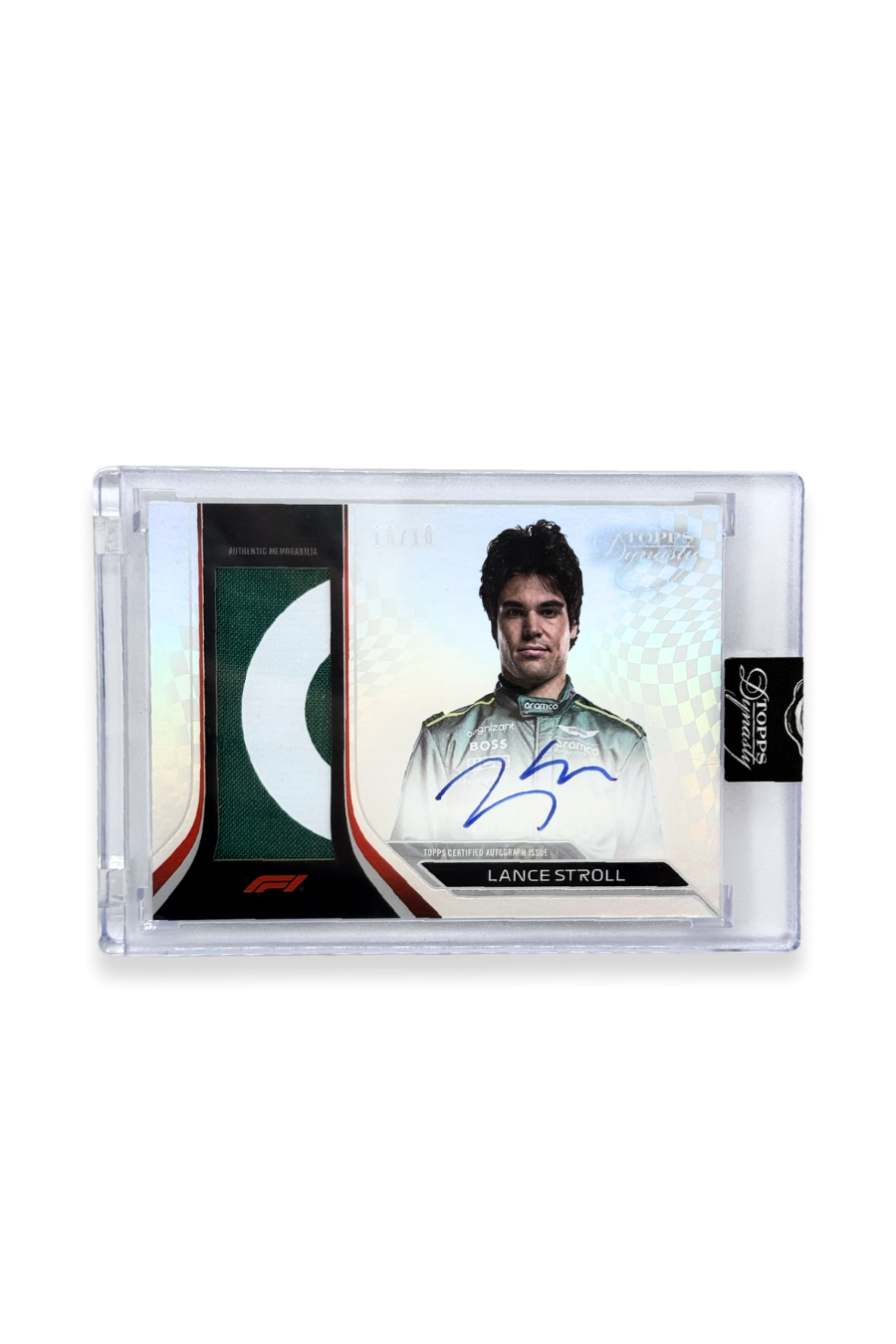 Front of 2024 Topps Dynasty Lance Stroll patch autograph card, serial numbered 10 of 10, showing green and white memorabilia patch.