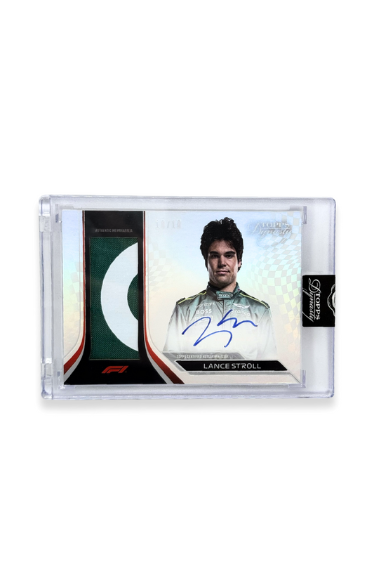 Front of 2024 Topps Dynasty Lance Stroll patch autograph card, serial numbered 10 of 10, showing green and white memorabilia patch.