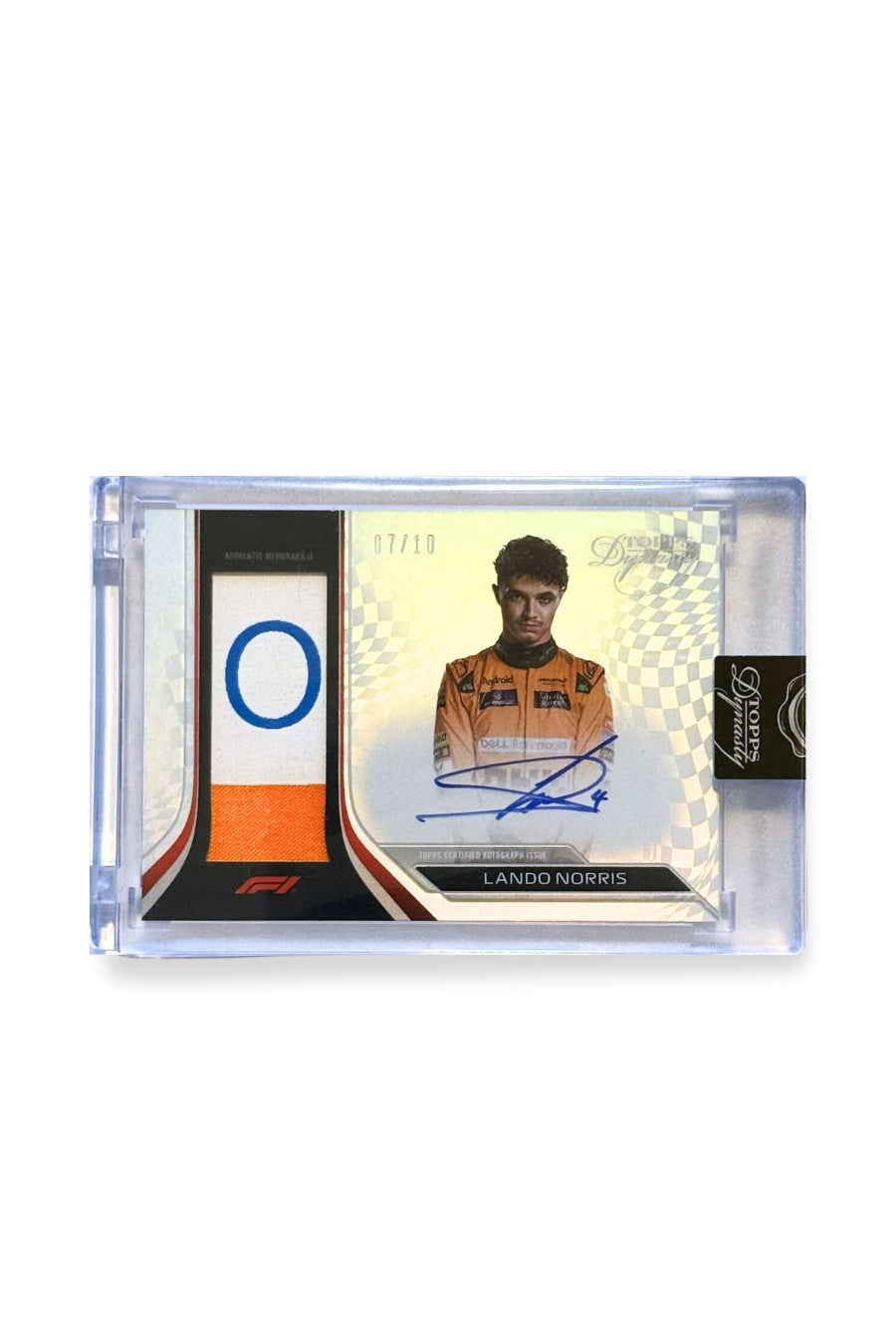 Front of 2024 Topps Dynasty Lando Norris patch autograph F1 card, serial numbered 7 of 10, showing orange, white, and blue memorabilia patch with the letter “O.”