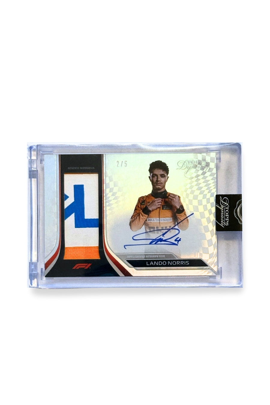 Front of 2024 Topps Dynasty Lando Norris patch autograph card, serial numbered 2 of 5, showing orange and blue memorabilia patch with letter-style detail.