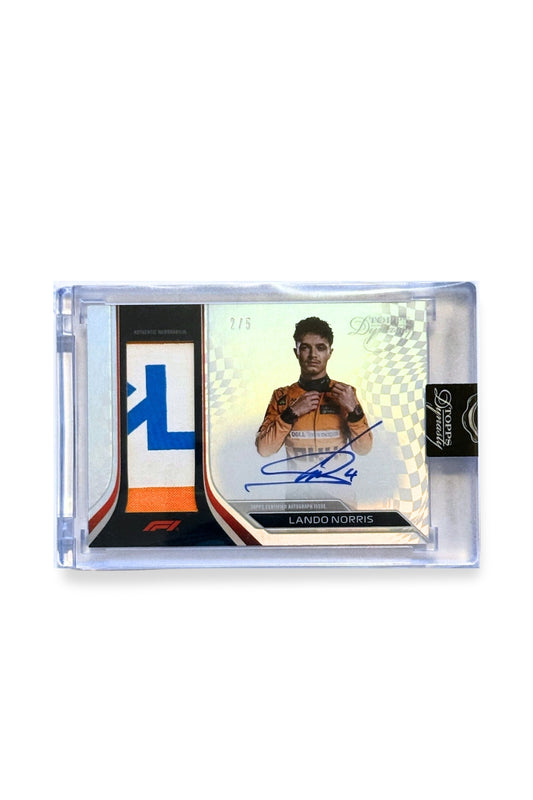 Front of 2024 Topps Dynasty Lando Norris patch autograph card, serial numbered 2 of 5, showing orange and blue memorabilia patch with letter-style detail.