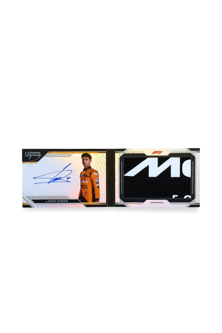 Front of 2024 Topps Dynasty Lando Norris booklet patch autograph F1 card, serial numbered 4 of 5, showing black and white letter memorabilia patch. McLaren F1 Team