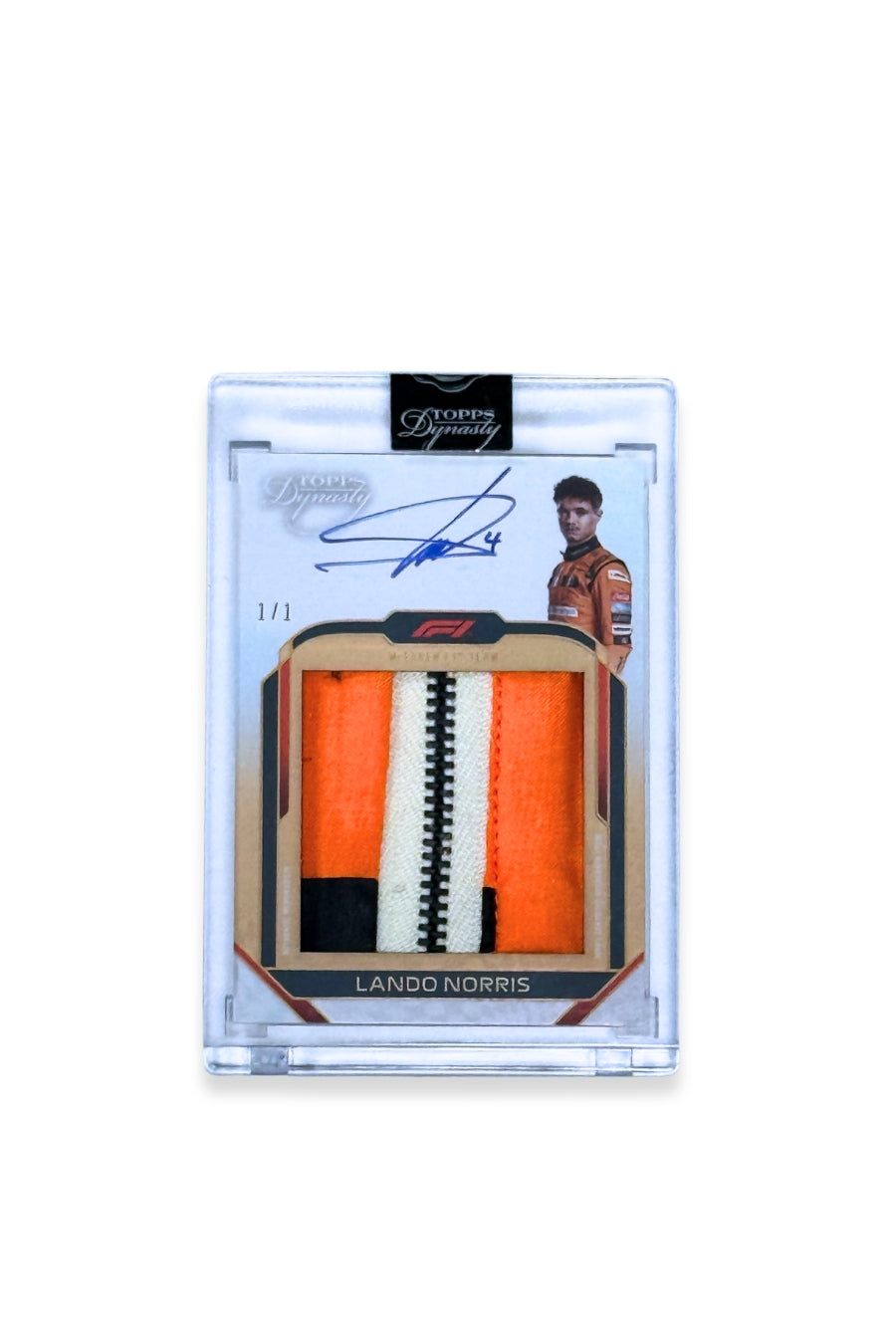 Front of 2024 Topps Dynasty Lando Norris jumbo zipper autograph card, serial numbered 1 of 1, featuring large orange and white zipper patch.
