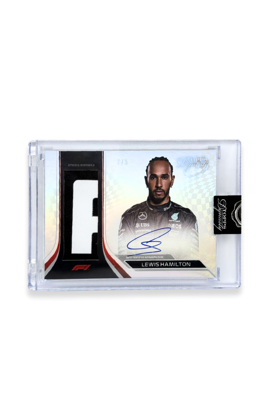 Front of 2024 Topps Dynasty Lewis Hamilton patch autograph F1 card, serial numbered 2 of 5, showing memorabilia patch.