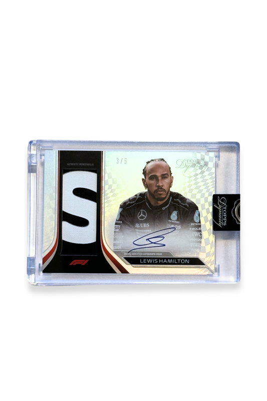 Front of 2024 Topps Dynasty Lewis Hamilton patch autograph F1 card, serial numbered 3 of 5, showing black and white memorabilia patch with the letter “S.”