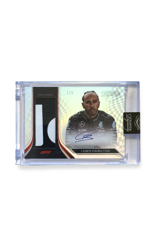 Front of 2024 Topps Dynasty Lewis Hamilton patch autograph card, serial numbered 1 of 5, showing black and white memorabilia patch with letter-style detail.