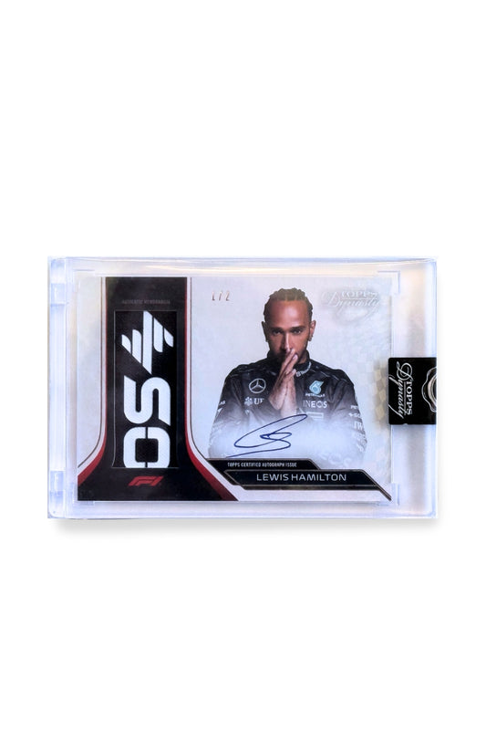 Front of 2024 Topps Dynasty Lewis Hamilton patch autograph card, serial numbered 1 of 2, showing black and white memorabilia patch with “OS” lettering detail.