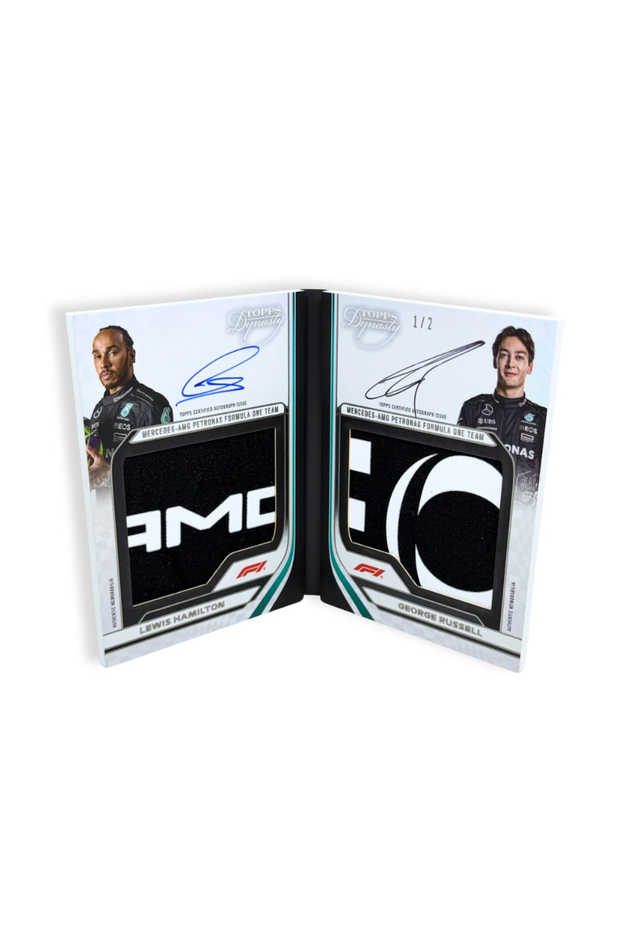 Front of 2024 Topps Dynasty Lewis Hamilton and George Russell dual logo patch autograph booklet card, serial numbered 1 of 2, featuring black and white AMG branding.