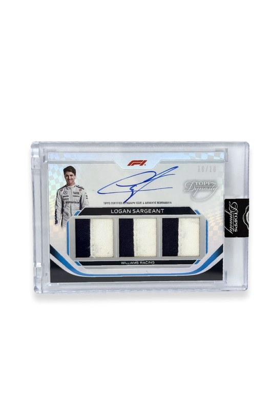 Front of 2024 Topps Dynasty Logan Sargeant triple patch autograph card, serial numbered 10 of 10, showing three white and navy memorabilia patches.